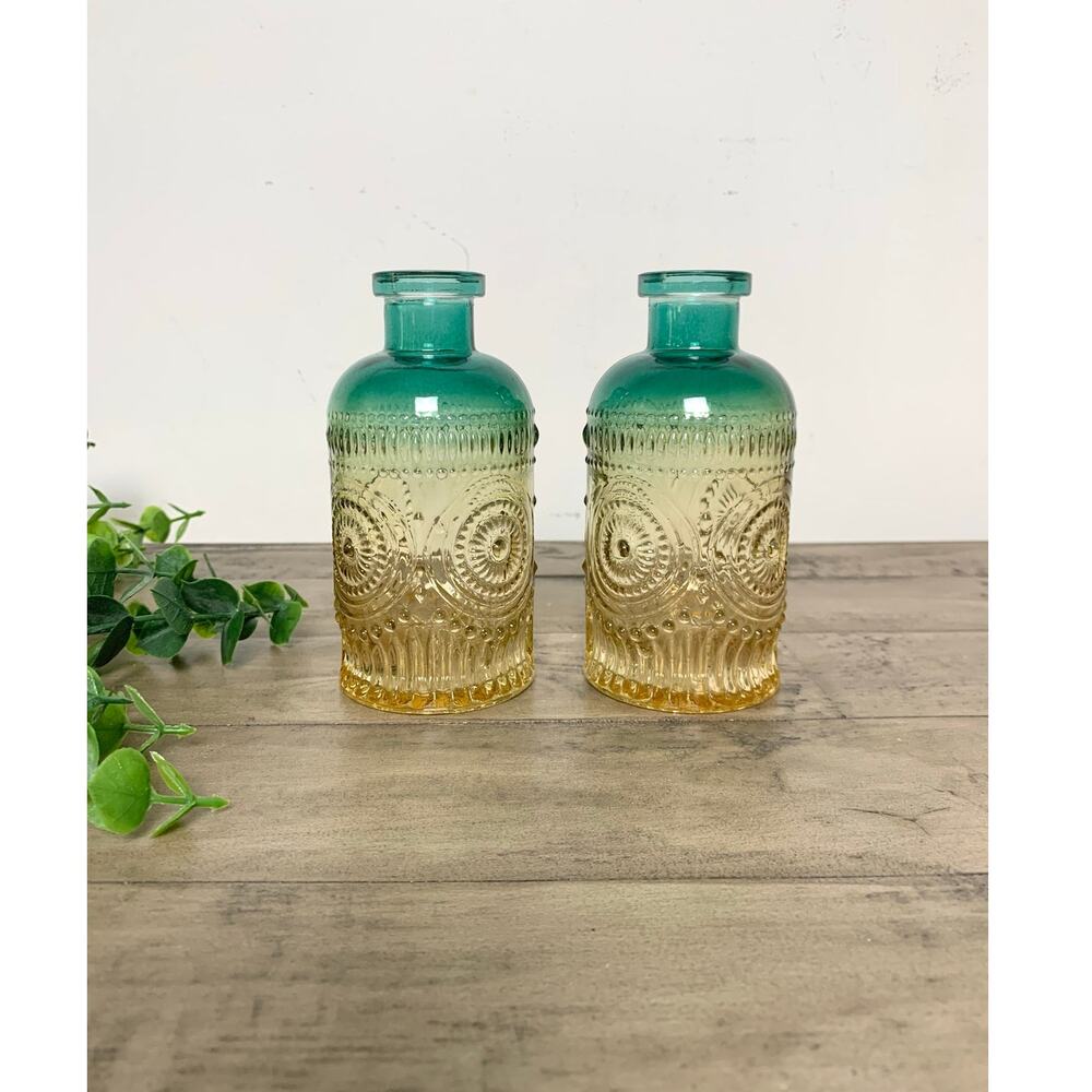 Vintage Style Ombre Green Amber Glass Bud Vase Set Pair Textured Boho Coastal